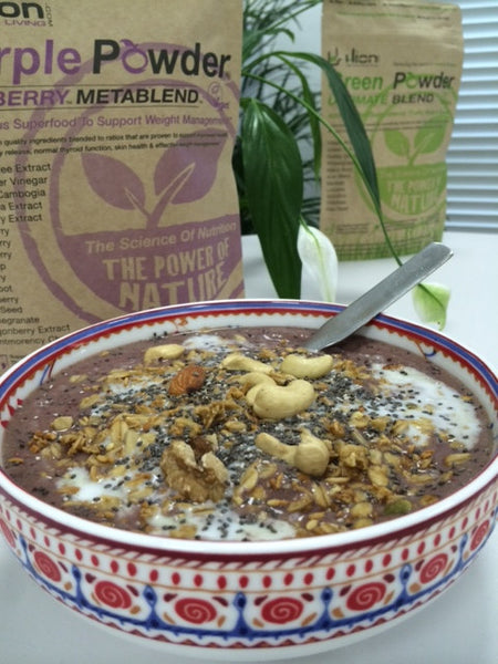 Ingredients:  1 tsp of PURPLE POWDER Slimberry Metablend 1 cup of unsweetened Almond Milk 1/8 cup coconut cream (from a tin) 1 cup frozen dark berries (blueberries, blackberries, red grapes, pomegranate) 1/2 cup frozen mango 1/2 frozen banana Big handful of spinach 2 Tbsp chia seeds (save some to sprinkle over top)